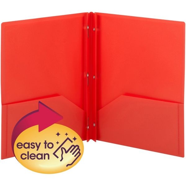 Smead Poly Two-Pocket Folder W/Fasteners, 100-Sheet Capacity, Red, 25/Box