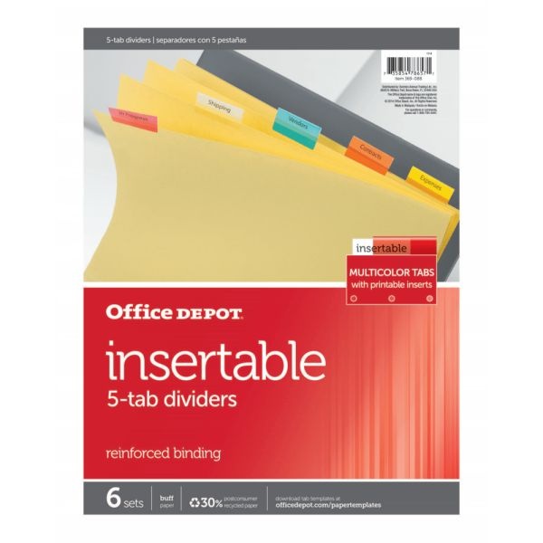 Insertable Dividers With Tabs, 8 1/2" X 11", Multicolor, 5-Tab, Pack Of 6 Sets