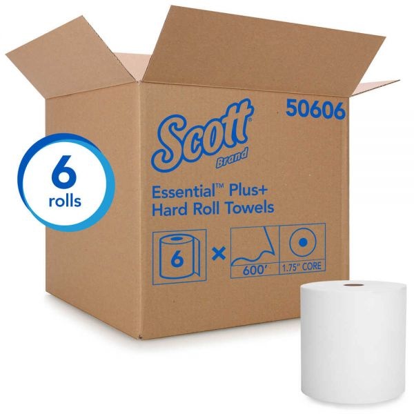 Scott Essential Plus Hard Roll Towel, 8 X 600 Ft, 1-Ply, White, 6 Rolls/Carton