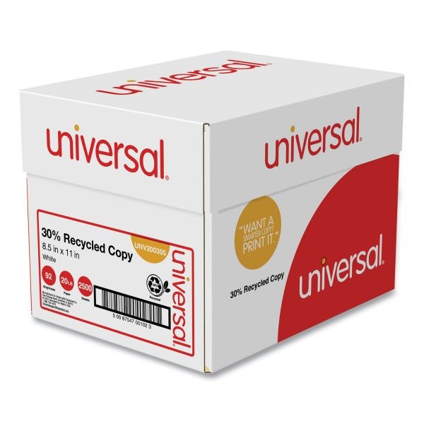 Universal 30% Recycled Copy Paper, 92 Bright, 20 Lb Bond Weight, 8.5 X 11, White, 500 Sheets/Ream, 5 Reams/Carton