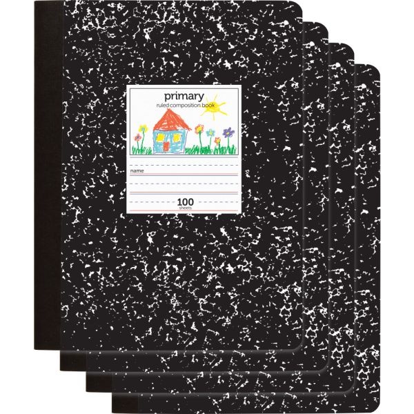 Primary Composition Books, 7-1/2" X 9-3/4", Unruled/Primary Ruled, Black, 100 Sheets Per Pad, Pack Of 4 Books