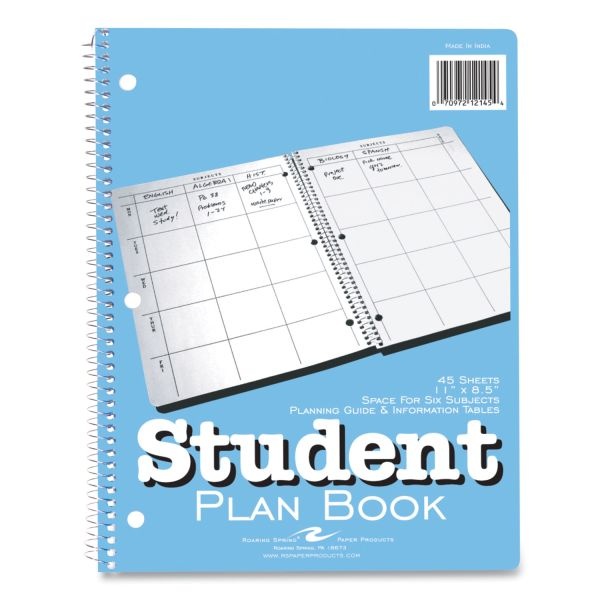 Roaring Spring Student Plan Book, 40-Weeks: Six-Subject Day, Blue/White Cover, (100) 11 X 8.5 Sheets