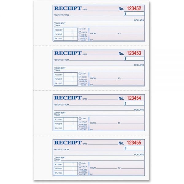 Tops Money And Rent Receipt Books, Two-Part Carbonless, 2.75 X 7.13, 4/Page, 400 Forms