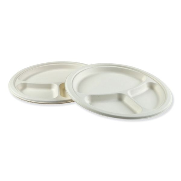Boardwalk Bagasse Dinnerware, 3-Compartment Plate, 10" Dia, White, 500/Carton