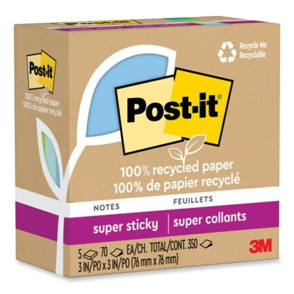 Post-It Notes Super Sticky 100% Recycled Paper Super Sticky Notes, 3" X 3", Oasis, 70 Sheets/Pad, 5 Pads/Pack