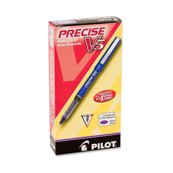 Pilot Precise V5 Roller Ball Pen, Stick, Extra-Fine 0.5 Mm, Purple Ink, Purple/Clear Barrel, Dozen