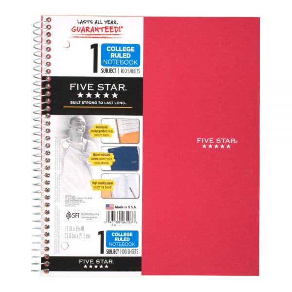Five Star Wirebound Notebook, 1 Subject, Medium/College Rule, Red Cover, 11 X 8.5, 100 Sheets