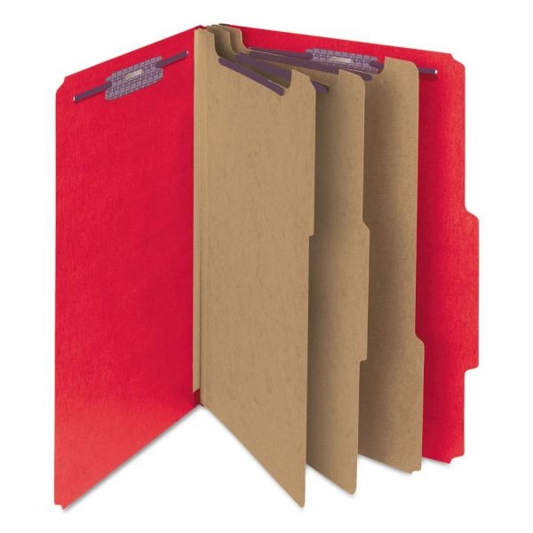 Smead Eight-Section Pressboard Top Tab Classification Folders, 8 Safeshield Fasteners, 3 Dividers, Letter Size, Bright Red, 10/Box