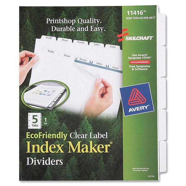 Skilcraft Index Maker 100% Recycled Clear Label Dividers With White Tabs, 5-Tab (Abilityone 7530-01-600-6977)