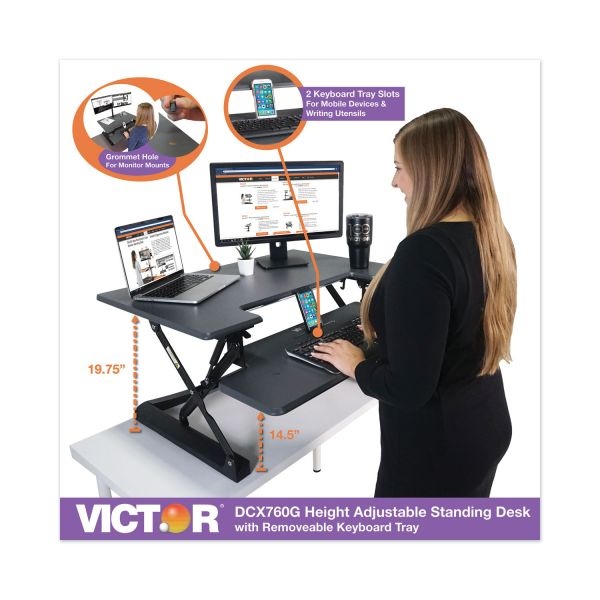 Victor High Rise Height Adjustable Standing Desk With Keyboard Tray, 36" X 31.25" X 5.25" To 20", Gray/Black