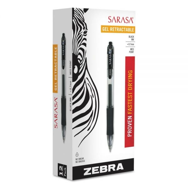 Zebra Sarasa Dry Gel X20 Gel Pen, Retractable, Medium 0.7 Mm, Black Ink, Smoke Barrel, 12/Pack