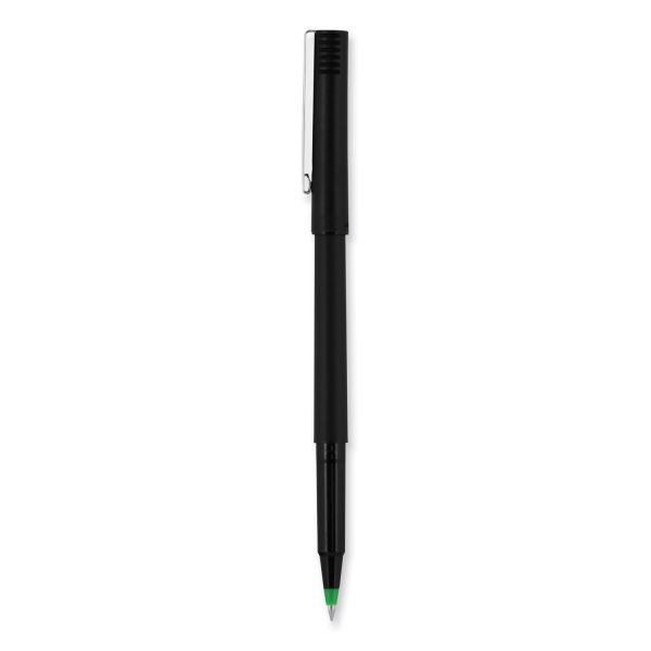 Uniball Roller Ball Pen, Stick, Extra-Fine 0.5 Mm, Green Ink, Black/Green Barrel, Dozen