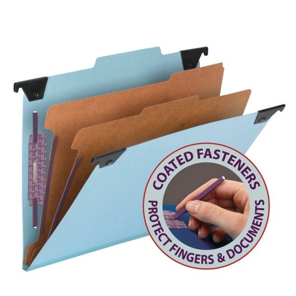 Smead Hanging Pressboard Classification Folder With Safeshield Coated Paper Fastener, 2 Dividers, Letter Size, Blue