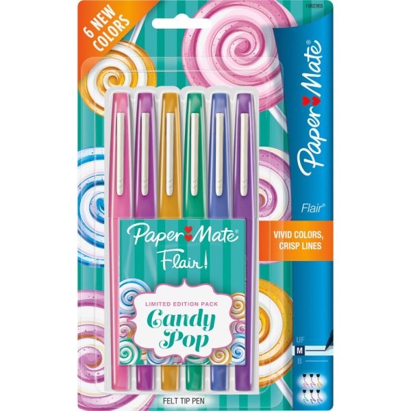 Paper Mate Flair Candy Pop Felt-Tip Markers, 0.7 Mm, Medium Point, Assorted Colors, Pack Of 6