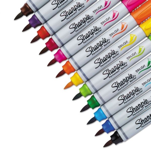 Sharpie Brush Tip Permanent Marker, Medium Brush Tip, Assorted Colors, 12/Set