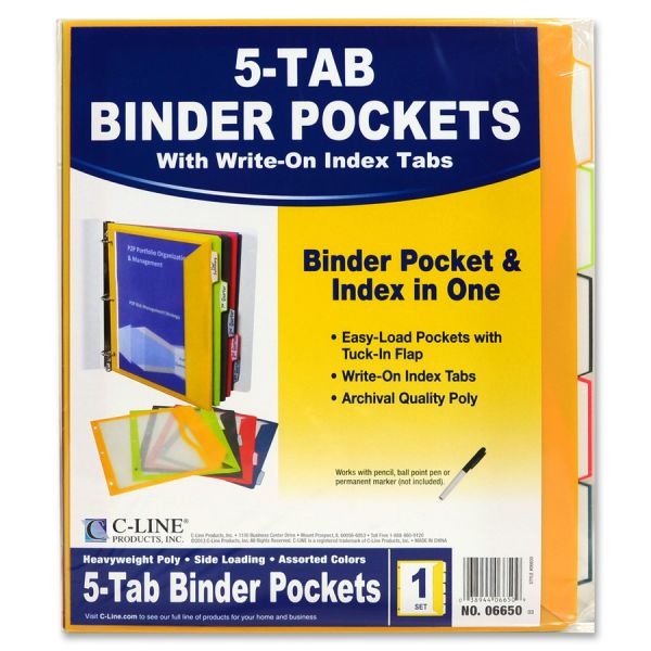 C-Line Binder Pocket With Write-On Index Tabs, 9.88 X 11.38, Assorted, 5/Set