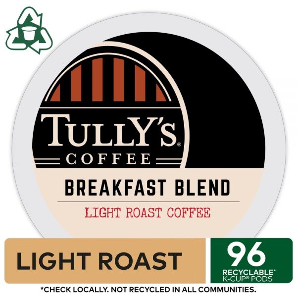 Tully's Coffee Breakfast Blend Single-Serve K-Cups, Classic, Carton Of 24 K-Cups, Box Of 4 Cartons