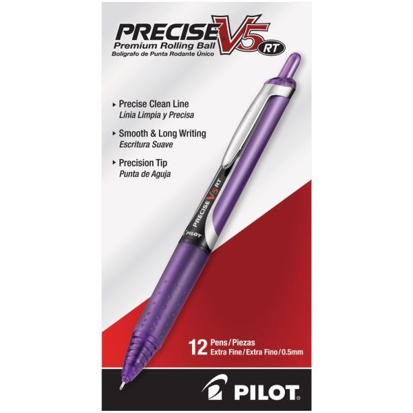 Pilot Precise V5 Liquid Ink Retractable Rollerball Pens, Extra Fine Point, 0.5 Mm, Assorted Barrels, Purple Ink, Pack Of 12