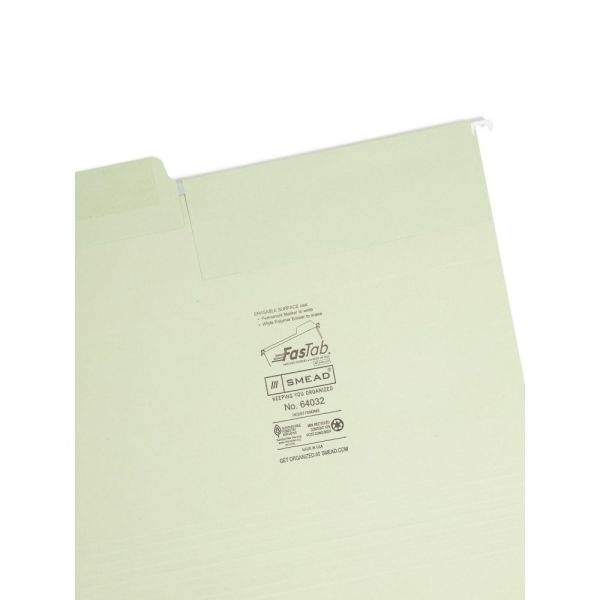 Smead Erasable Fastab Hanging File Folders, Letter Size, Moss, Box Of 20 Folders