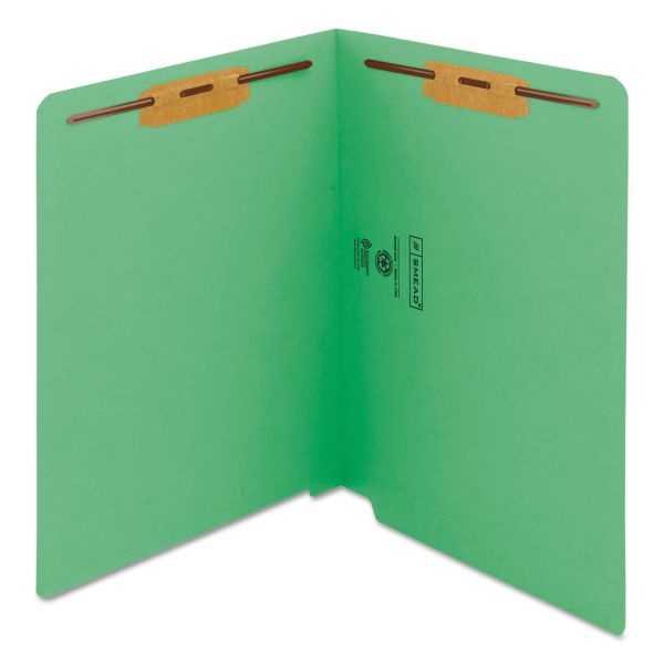 Smead Watershed Cutless End Tab Fastener Folders, 0.75" Expansion, 2 Fasteners, Letter Size, Green Exterior, 50/Box