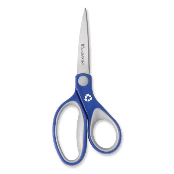 Westcott Kleenearth Soft Handle Scissors - 2.25" Cutting Length - 7" Overall Length - Straight - Stainless Steel - Pointed Tip - Blue/Gray - 1 Each