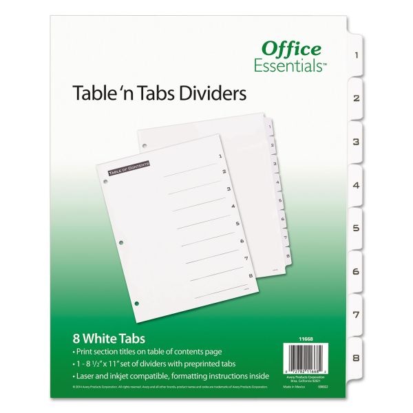Office Essentials Table 'N Tabs Dividers, 8-Tab, 1 To 8, 11 X 8.5, White, White Tabs, 1 Set