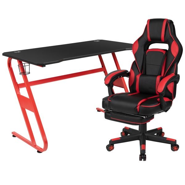 Optis Red Gaming Desk With Cup Holder/Headphone Hook & Red Reclining Back/Arms Gaming Chair With Footrest