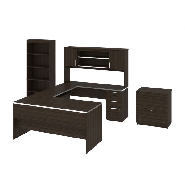 Bestar Ridgeley U-Shaped Desk With Lateral File And Bookcase In Dark Chocolate