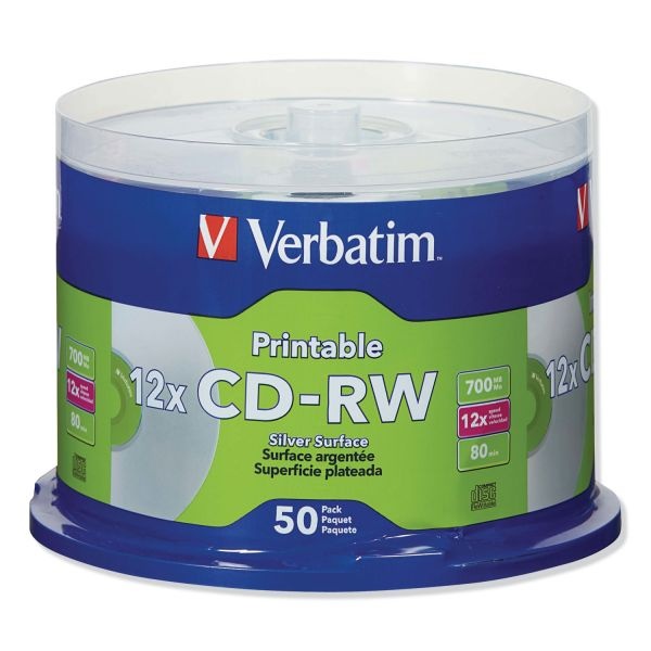 Verbatim Cd-Rw Datalifeplus Printable Rewritable Disc, 700 Mb/80 Min, 12X, Spindle, Silver, 50/Pack