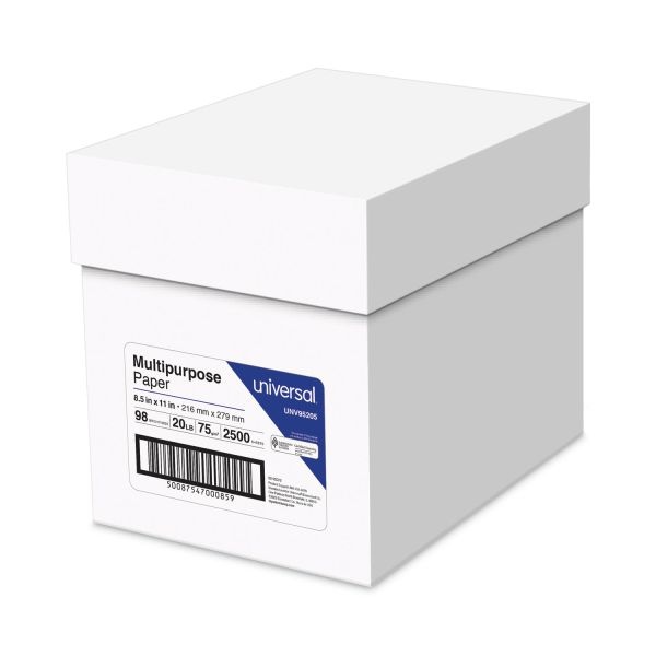 Universal Multipurpose Paper, 98 Bright, 20 Lb Bond Weight, 8.5 X 11, Bright White, 500 Sheets/Ream, 5 Reams/Carton