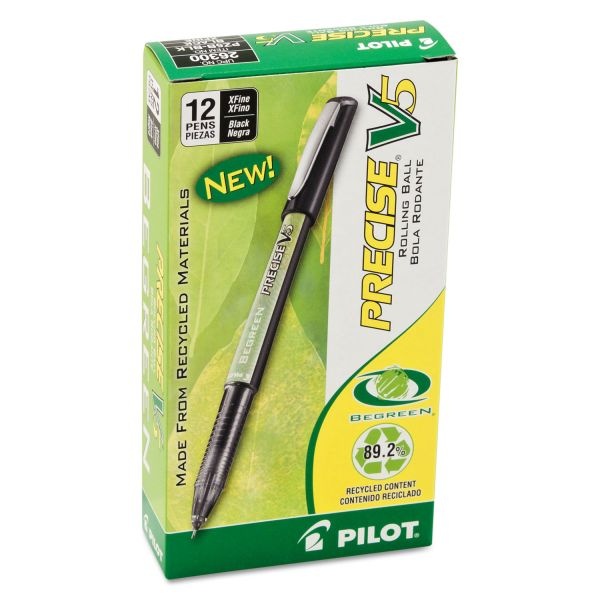 Pilot Precise V5 Begreen Roller Ball Pen, Stick, Extra-Fine 0.5 Mm, Black Ink, Black Barrel, Dozen
