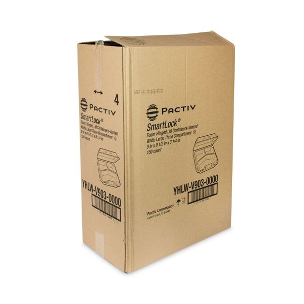 Pactiv Evergreen Smartlock Vented Foam Hinged Lid Container, 3-Compartment, 9 X 9.25 X 3.25, White, 150/Carton