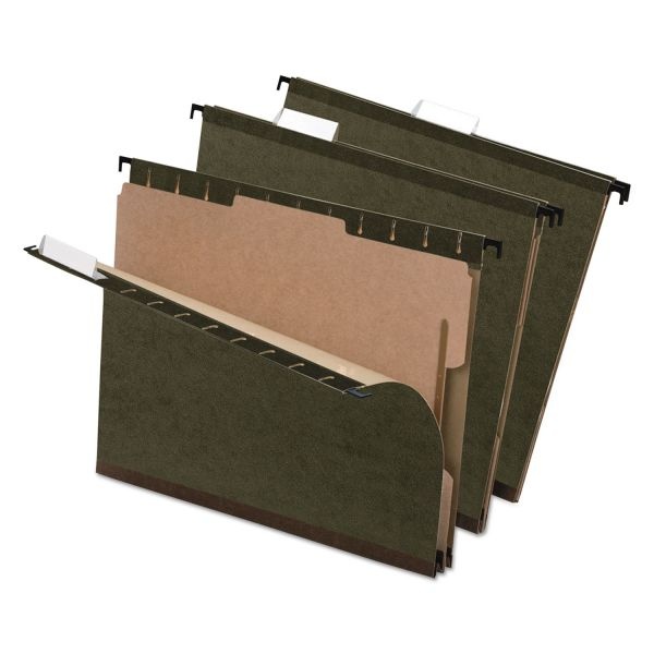 Pendaflex Surehook Reinforced Hanging Divider Folders, 2" Expansion, 1 Divider, 4 Fasteners, Letter Size, Green Exterior, 10/Box