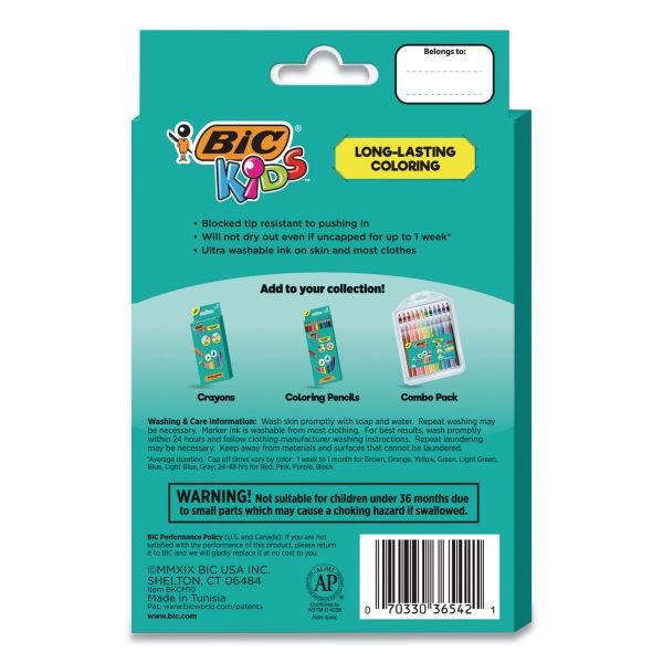 Bic Kids Ultra Washable Markers, Medium Bullet Tip, Assorted Colors, 10/Pack