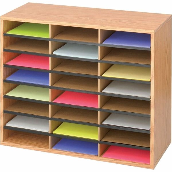 Safco Wood/Corrugated Literature Organizer, 24 Compartments, 29 X 12 X 23.5, Medium Oak