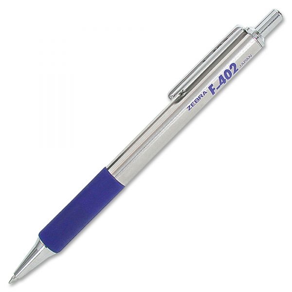 Zebra F-402 Ballpoint Pen, Retractable, Fine 0.7 Mm, Blue Ink, Stainless Steel/Blue Barrel