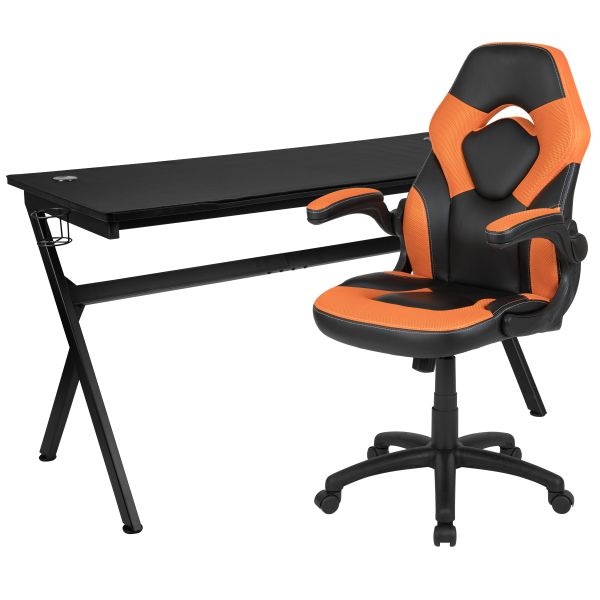 Optis Gaming Desk And Orange/Black Racing Chair Set /Cup Holder/Headphone Hook/Removable Mouse Pad Top - 2 Wire Management Holes