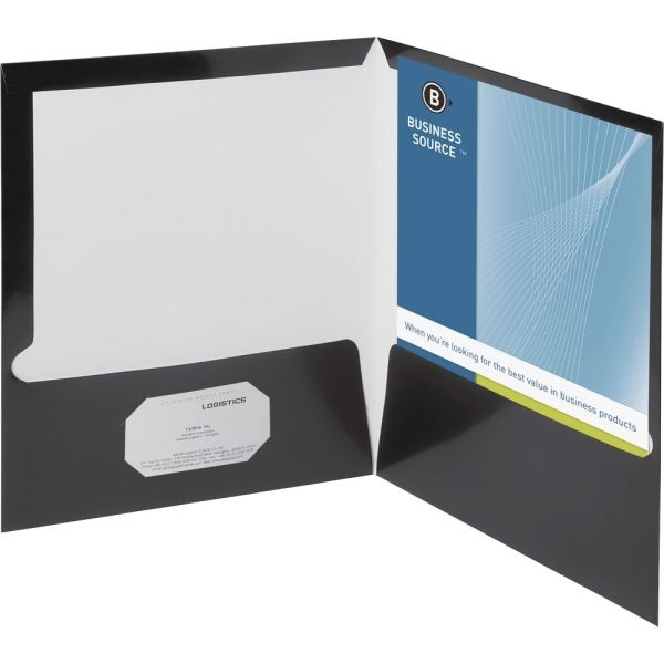Business Source 2-Pocket Report Covers With Business Card Holder, Letter Size, 8 1/2" X 11", Black, Box Of 25 Covers