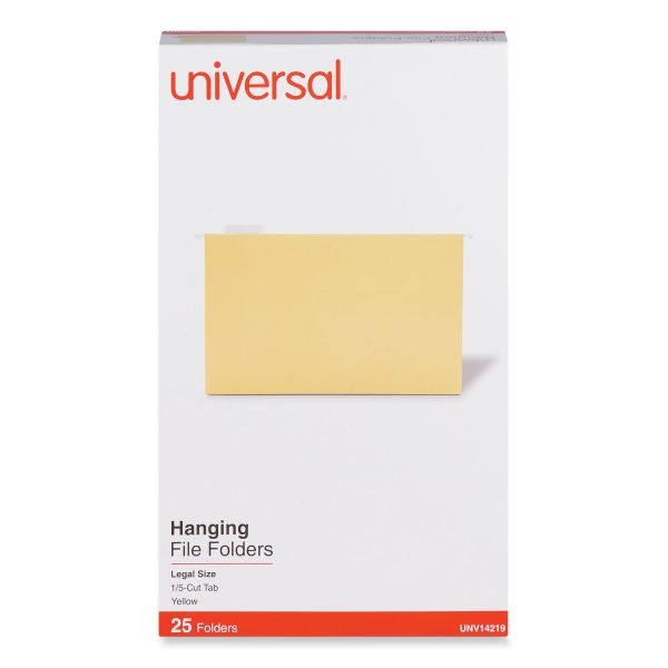 Universal Deluxe Bright Color Hanging File Folders, Legal Size, 1/5-Cut Tabs, Yellow, 25/Box