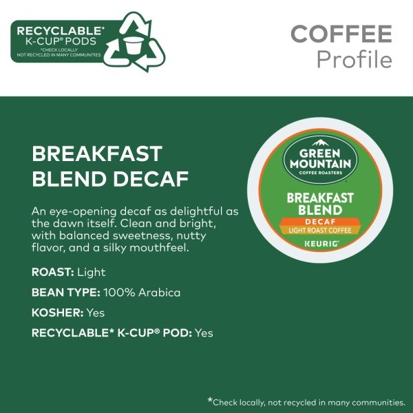 Green Mountain Coffee Breakfast Blend Decaf Coffee K-Cups, Light Roast, 96/Carton