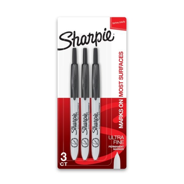 Sharpie Retractable Permanent Markers, Ultra-Fine Point, Black, Pack Of 3 Markers