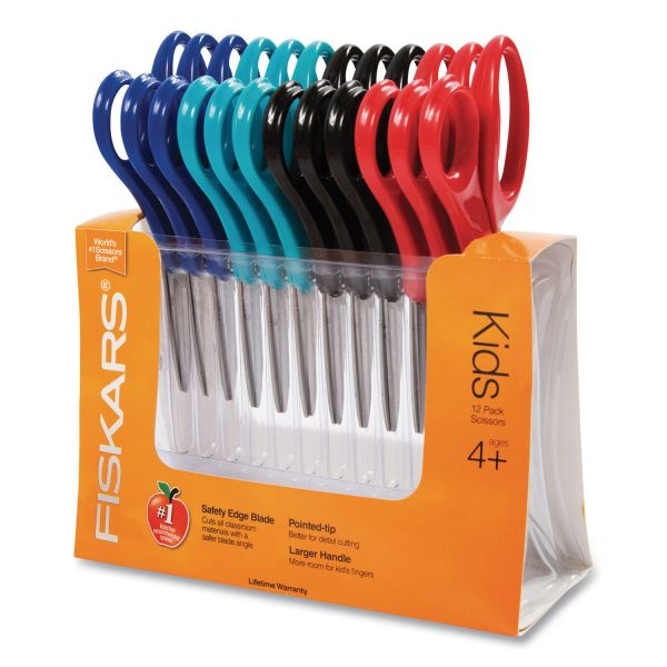 Fiskars Kids Scissors Classpack, Pointed Tip, 5" Long, 1.75" Cut Length, Straight Handles, Assorted Colors, 12/Pack