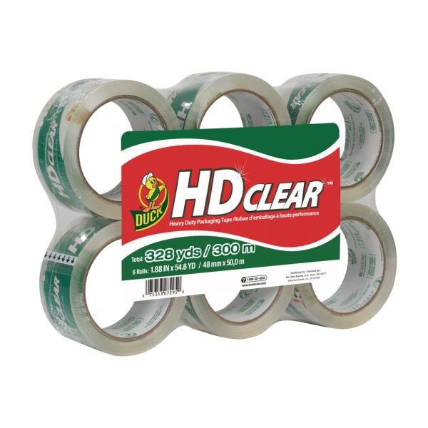 Duck Hd Clear Heavy-Duty Packaging Tape, 3" Core, 1.88" X 54.6 Yd., Clear, Pack Of 6