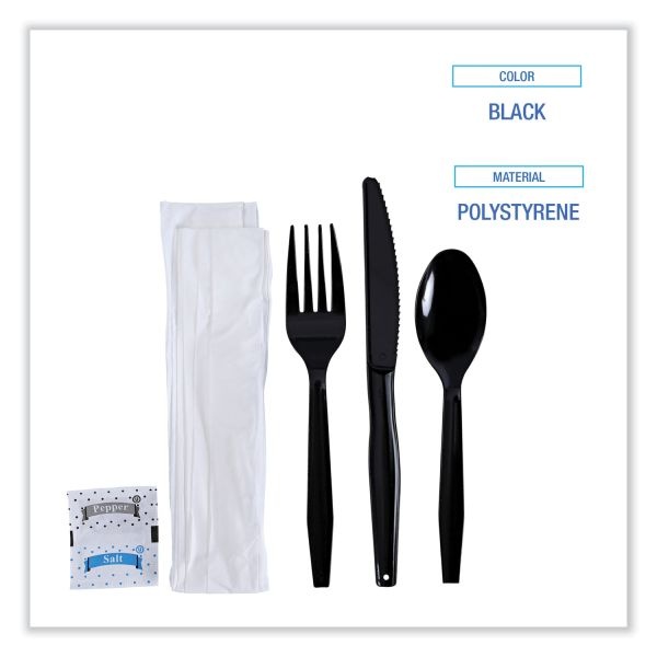Boardwalk Six-Piece Cutlery Kit, Condiment/Fork/Knife/Napkin/Teaspoon, Black, 250/Carton