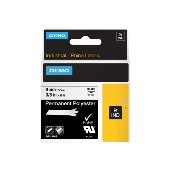 Dymo Rhino Permanent Poly Labels Permanent Adhesive, 3/8"W X 18'L, Direct Thermal, White, Polyester