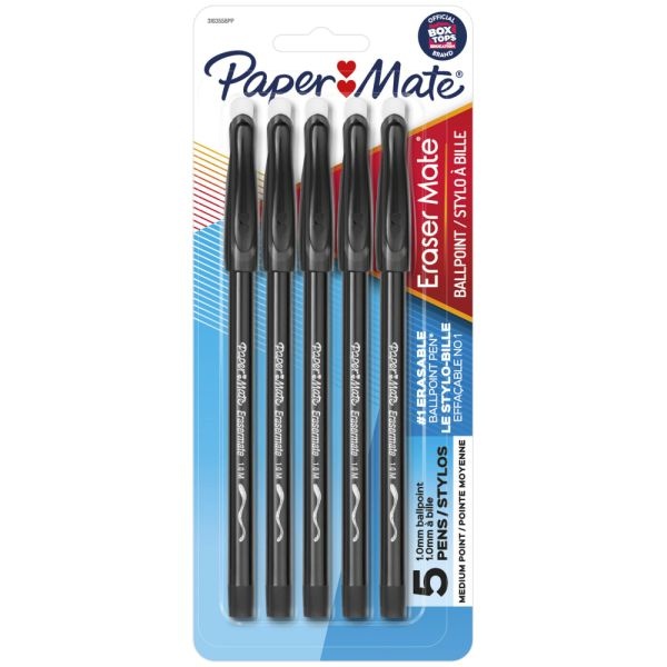 Paper Mate Erasermate Pens, Medium Point, 1.0 Mm, Black Barrel, Black Ink, Pack Of 5