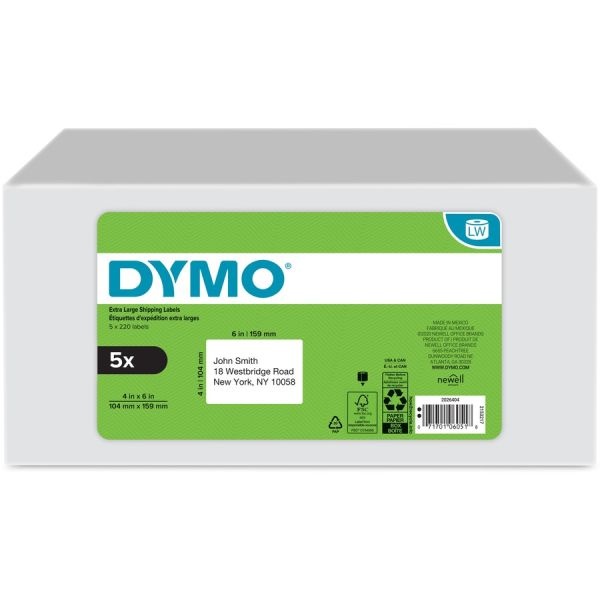 Dymo Labelwriter Xl Shipping Labels, 4" X 6", Rectangle, White, 220 Labels Per Roll, Pack Of 5 Rolls