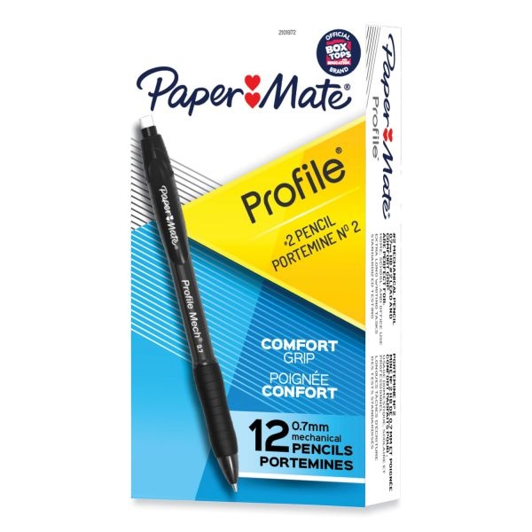 Paper Mate Profile Mechanical Pencils, 0.7 Mm, Hb (#2), Black Lead, Black Barrel, Dozen