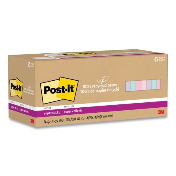 Post-It Notes Super Sticky 100% Recycled Paper Super Sticky Notes, 3" X 3", Wanderlust Pastels, 70 Sheets/Pad, 24 Pads/Pack