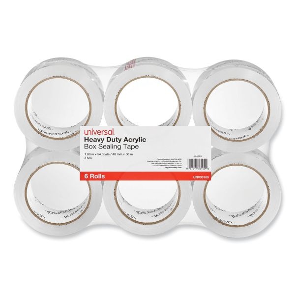 Universal Heavy-Duty Acrylic Box Sealing Tape, 3" Core, 1.88" X 54.6 Yds, Clear, 6/Pack